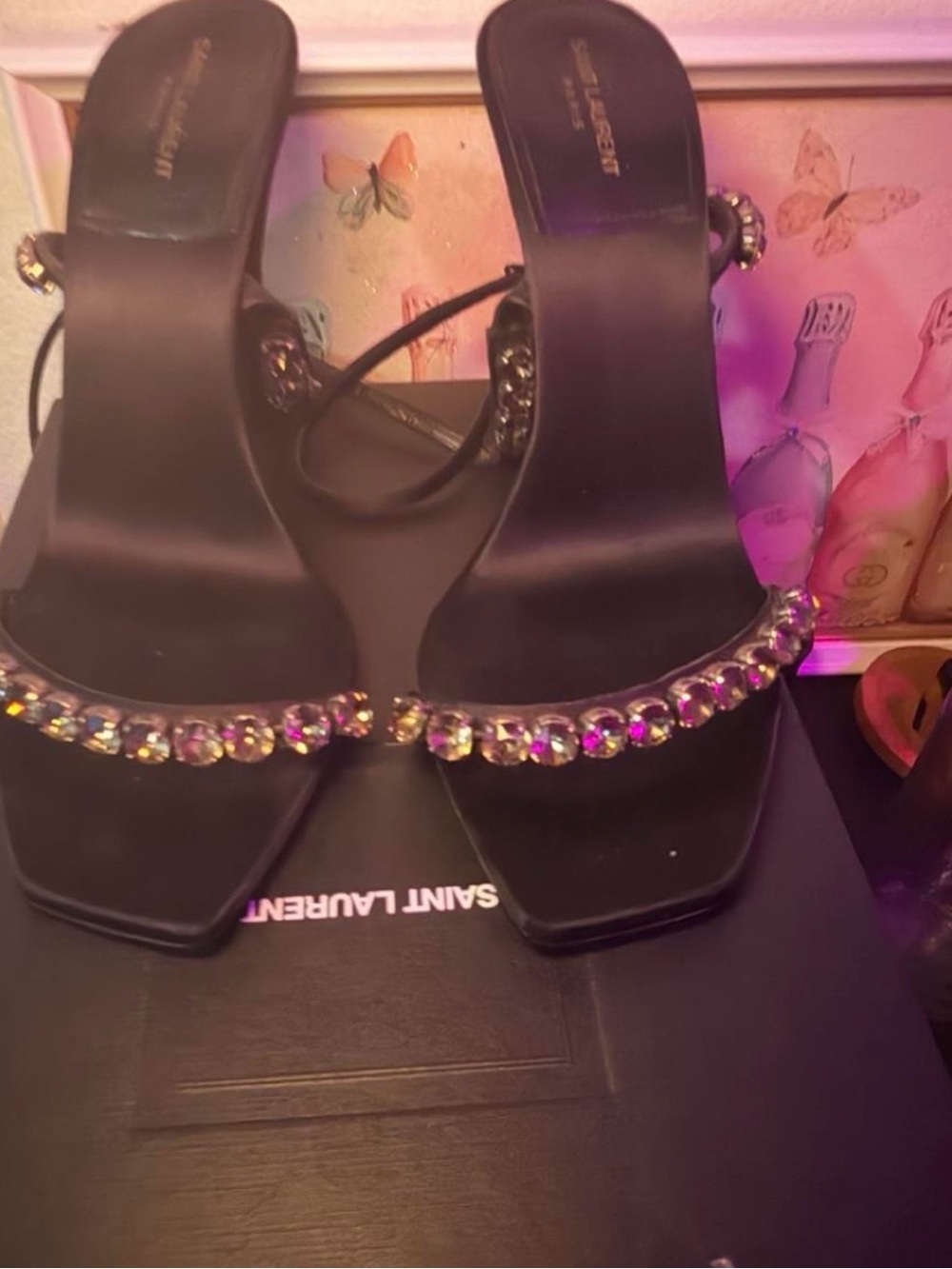 Saint Laurent Black Crystal-Strap Stiletto Sandals - Picture 2 of 5